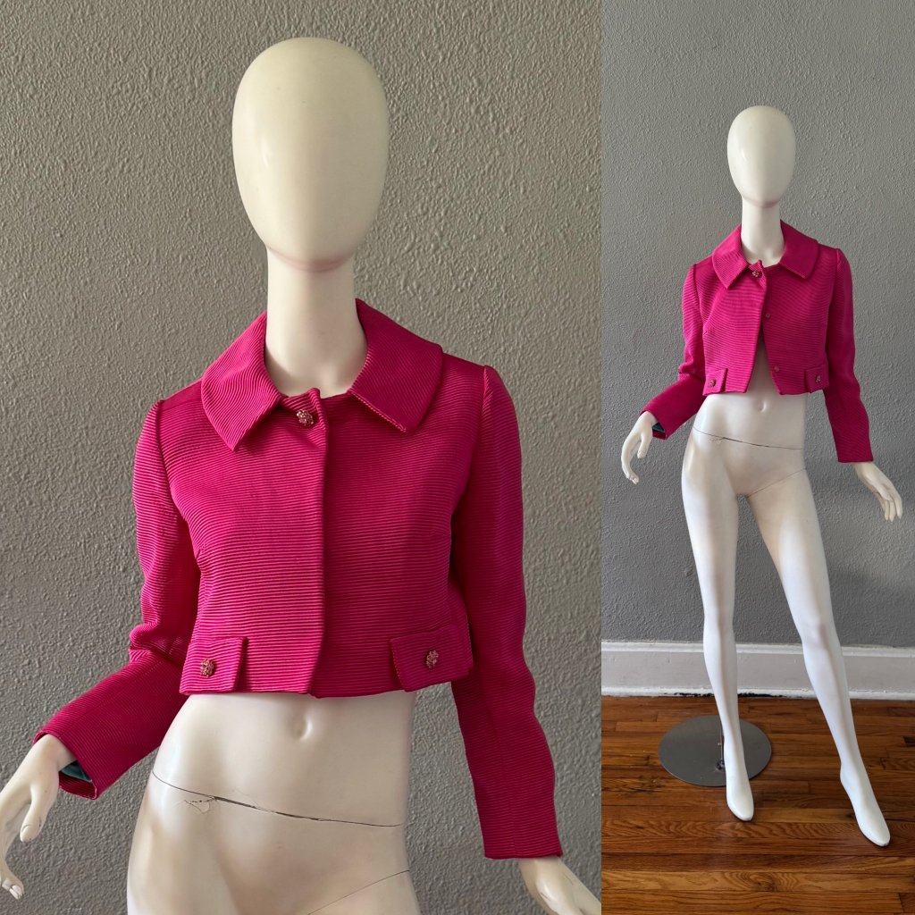 Vintage 60s Barbie Pink Shiny Ribbed Mod Party Crop Bolero Jacket S